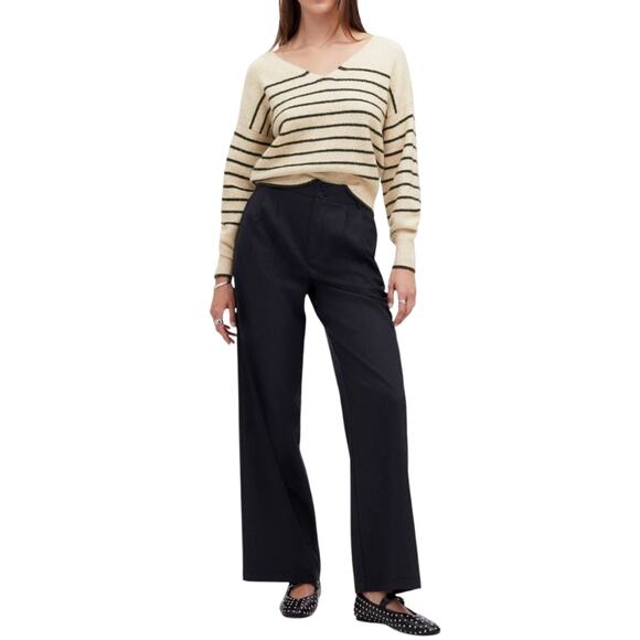 Madewell Wedged V Neck Sweater Luxury Forest Stripe Beige Green Cotton Medium - Picture 1 of 9